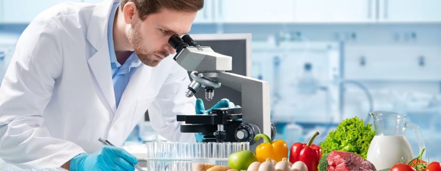 man looking at fruit in microscope
